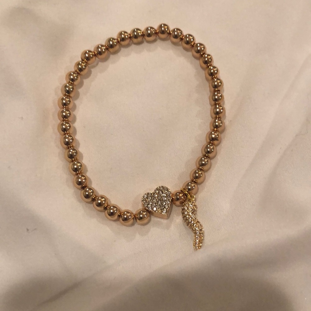 Gold bead bracelet Pave Horn Charm and heart